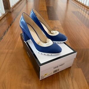 Nine West Blue Patent Leather Block Heel Pumps